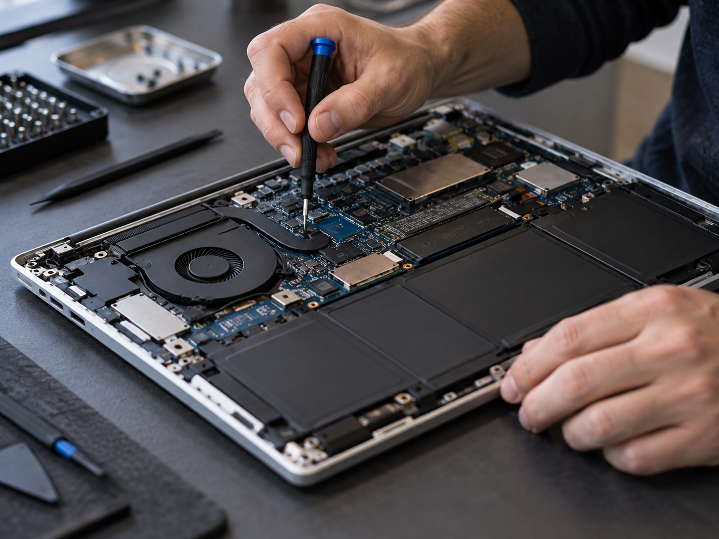 Trabajo de mantenimiento en los componentes internos de una computadora portátil